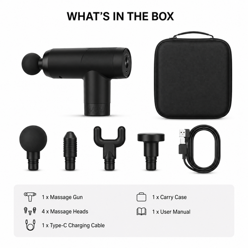 Deep Tissue Massage Gun | 6 Speed Levels | 4 Massage Heads | 4000mAh Battery | Muscle Recovery & Pain Relief
